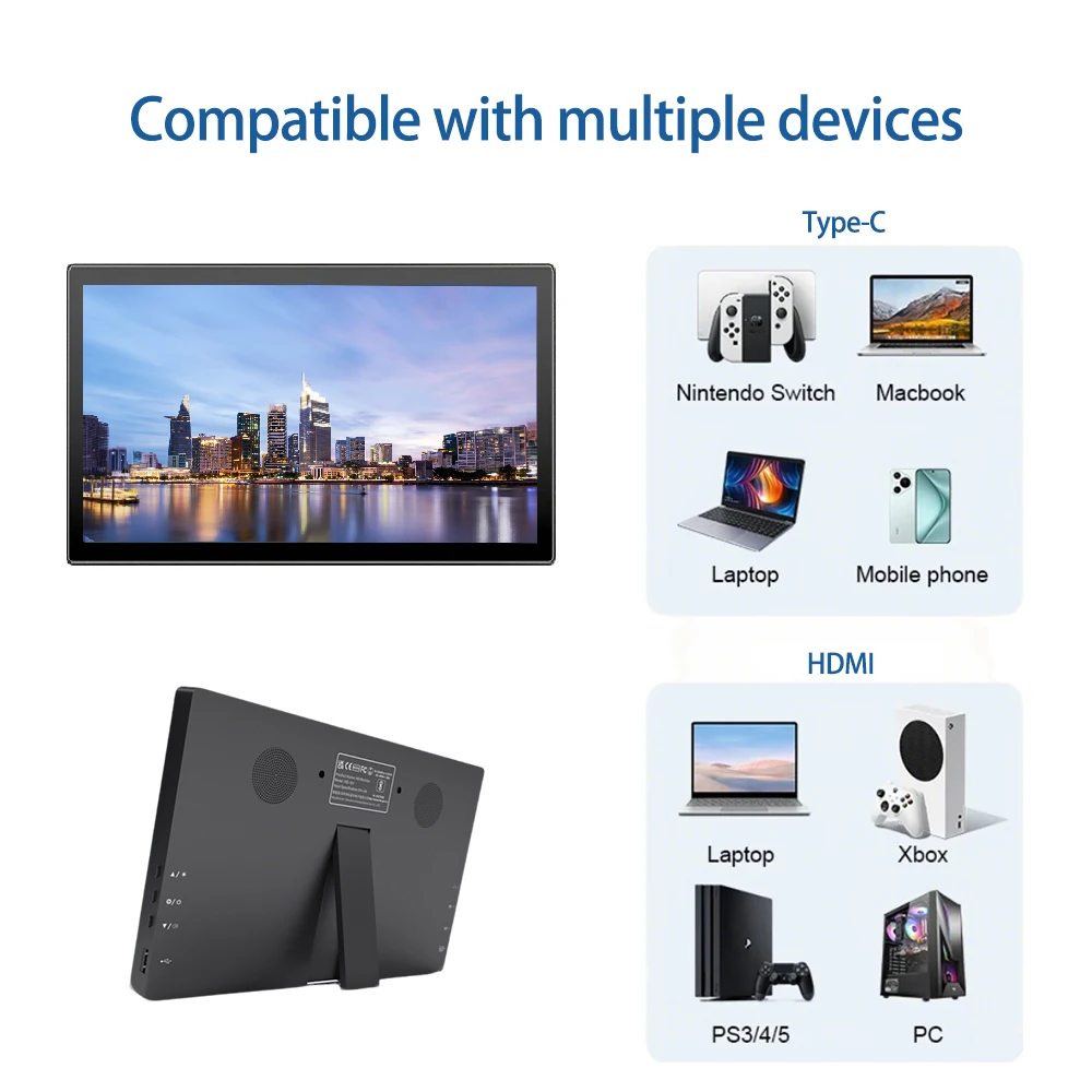 10.1인치 터치스크린 휴대용 모니터, 1366x768 HD IPS 디스플레이, HDMI Type-C, 노트북 PC 스위치용 외부 보조 화면