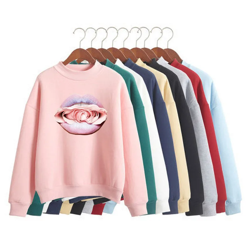 

Fashion Red Lips Print Women Sweatshirt Sweet Korean O-neck Knitted Pullover Thick Autumn Winter Candy Color Loose Lady Clothing