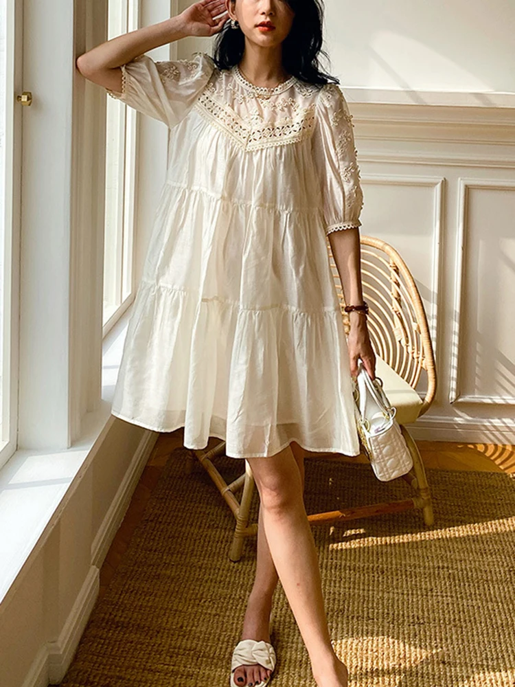 

GypsyLady Elegant Embroidery Mini Dress Beige Chic Thin Loose Casual Holiday Women Dress Hollow Out Sheer Beach Ladies Dresses