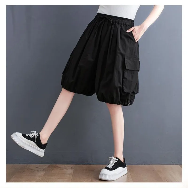 Women's Lantern Shorts Summer New Korean Commute Solid Color Patchwork Loose Drawstring Pocket Straight Casual Knee Length Pants