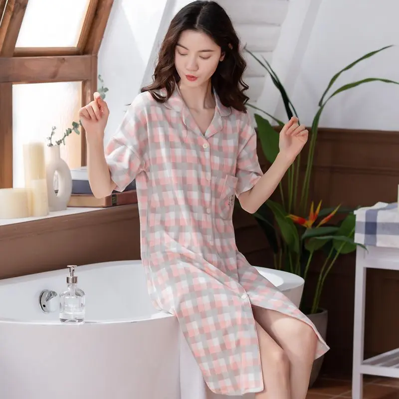 صيف جديد القطن الخالص سترة ثوب النوم الحلو فضفاض صغير طوق ملابس خاصة النساء قصيرة الأكمام ميدي تنورة ملابس المنزل غير رسمية