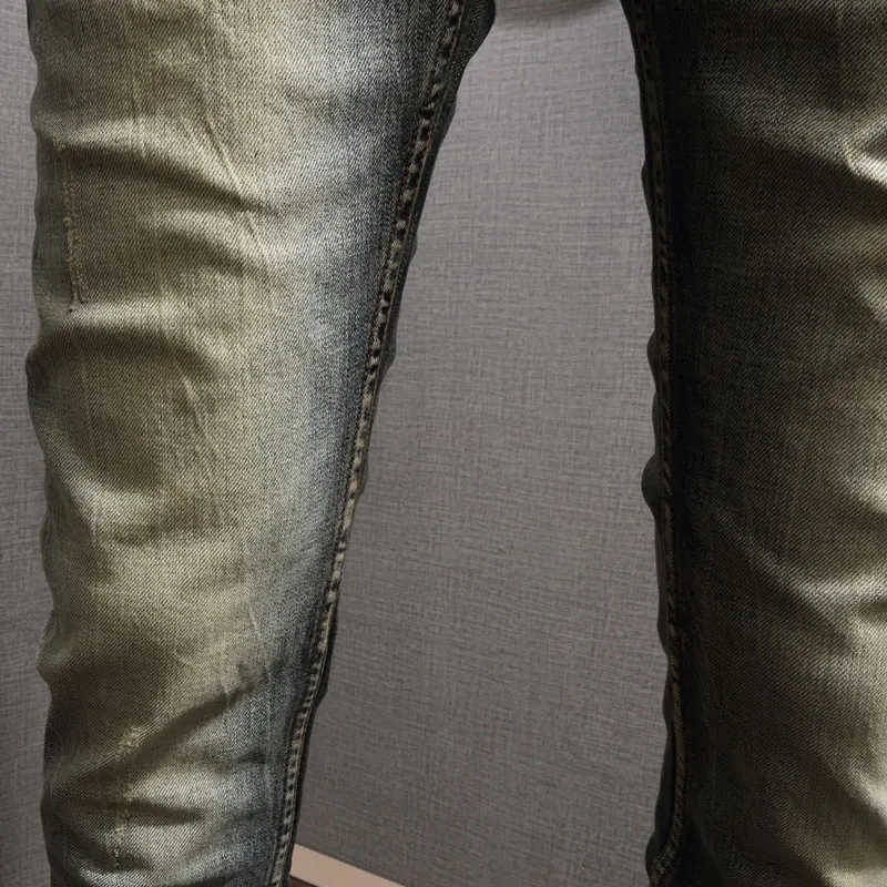 Newly Designer Fashion Men Jeans Retro Washed Elastic Slim Fit Ripped Jeans Men Italian Style Vintage Casual Denim Pants Hombre