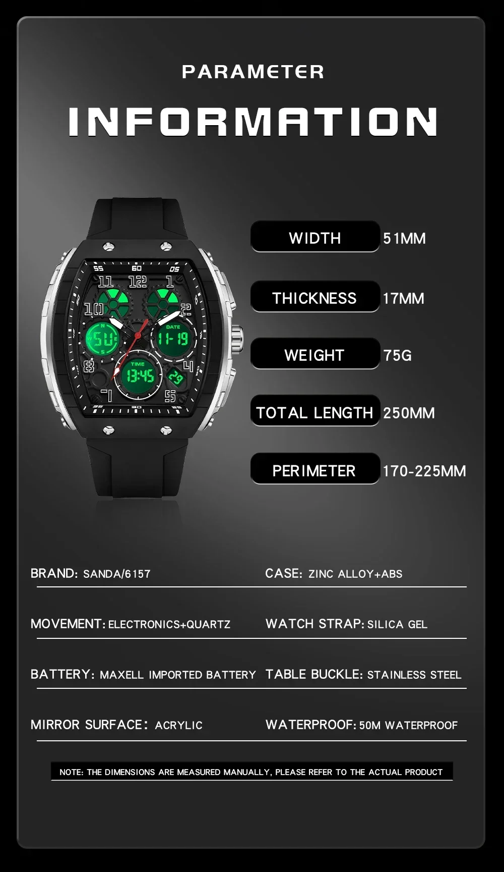 Sanda 6157  Waterproof  Alarm Clock Men Brand's New Electronic Watch Digital Multifunctional Fashion Trend Men's Watch Silicone, Alina Gadgets