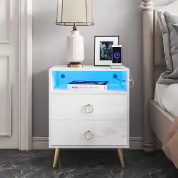LED Nightstand with Charge Station White Night Stand Table with High Gloss Drawers Modern Design Beside Table with 16 Colors LED