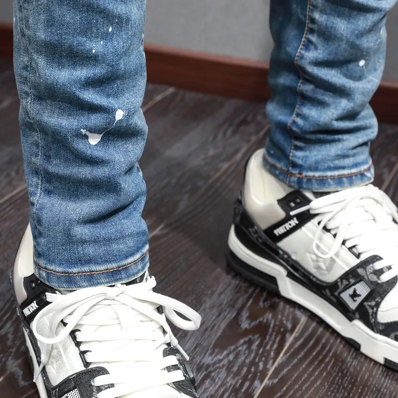 High Street Fashion Men Jeans Retro Blue Stretch Skinny Fit Ripped Jeans Men Painted Designer Elastic Hip Hop Brand Pants Hombre