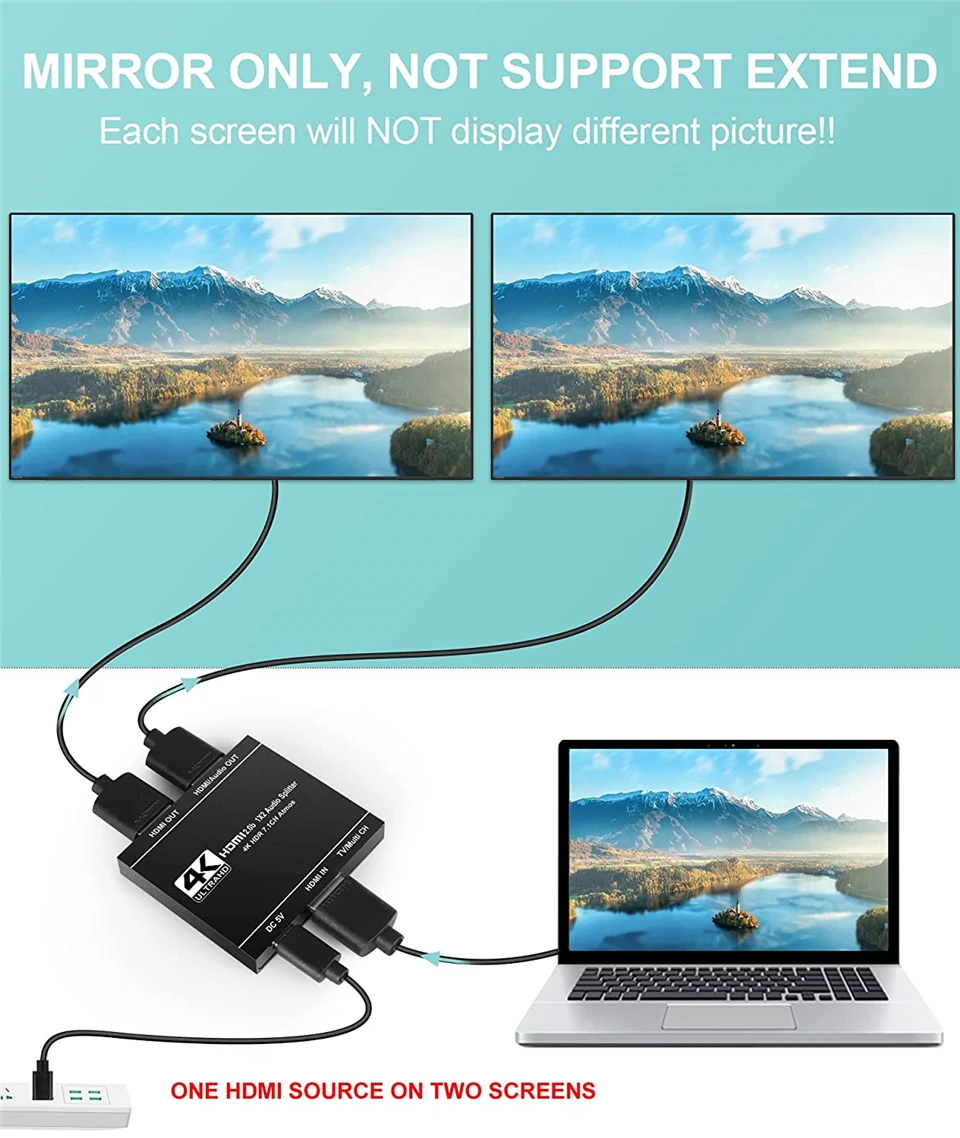 2025 Best HDMI audio extractor 4K 60Hz HDMI 2.0 Splitter 1 in 2 out 7.1 CH HDMI