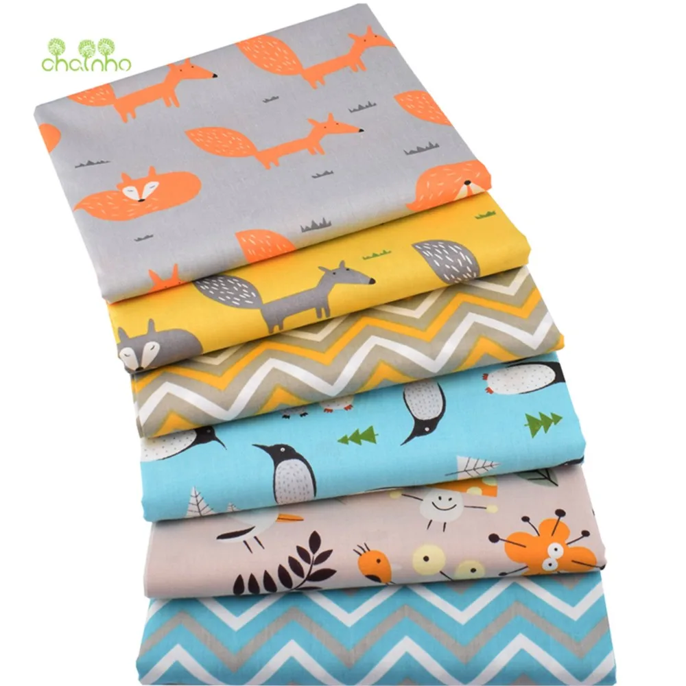 Chainho,Printed Twill Cotton Fabric,Patchwork Cloth,DIY Sewing & Quilting Material,6 Designs,2 Size,Fox & Penguin Series,CC203