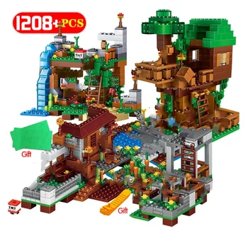 1208PCS My Worlds Building Blocks The Mountain Cave Village Warhorse Tree House Elevator with Figures Bricks Toys Children Gift 1