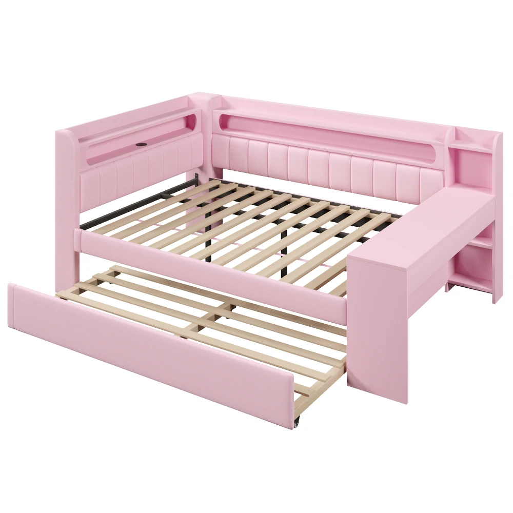 Gepolstertes Tagesbett mit Ausziehbett & Schreibtisch Multifunktionales Schlafsofa mit USB-Anschlüssen und LED-Lichtleiste Ohne Matratze – Detail 25