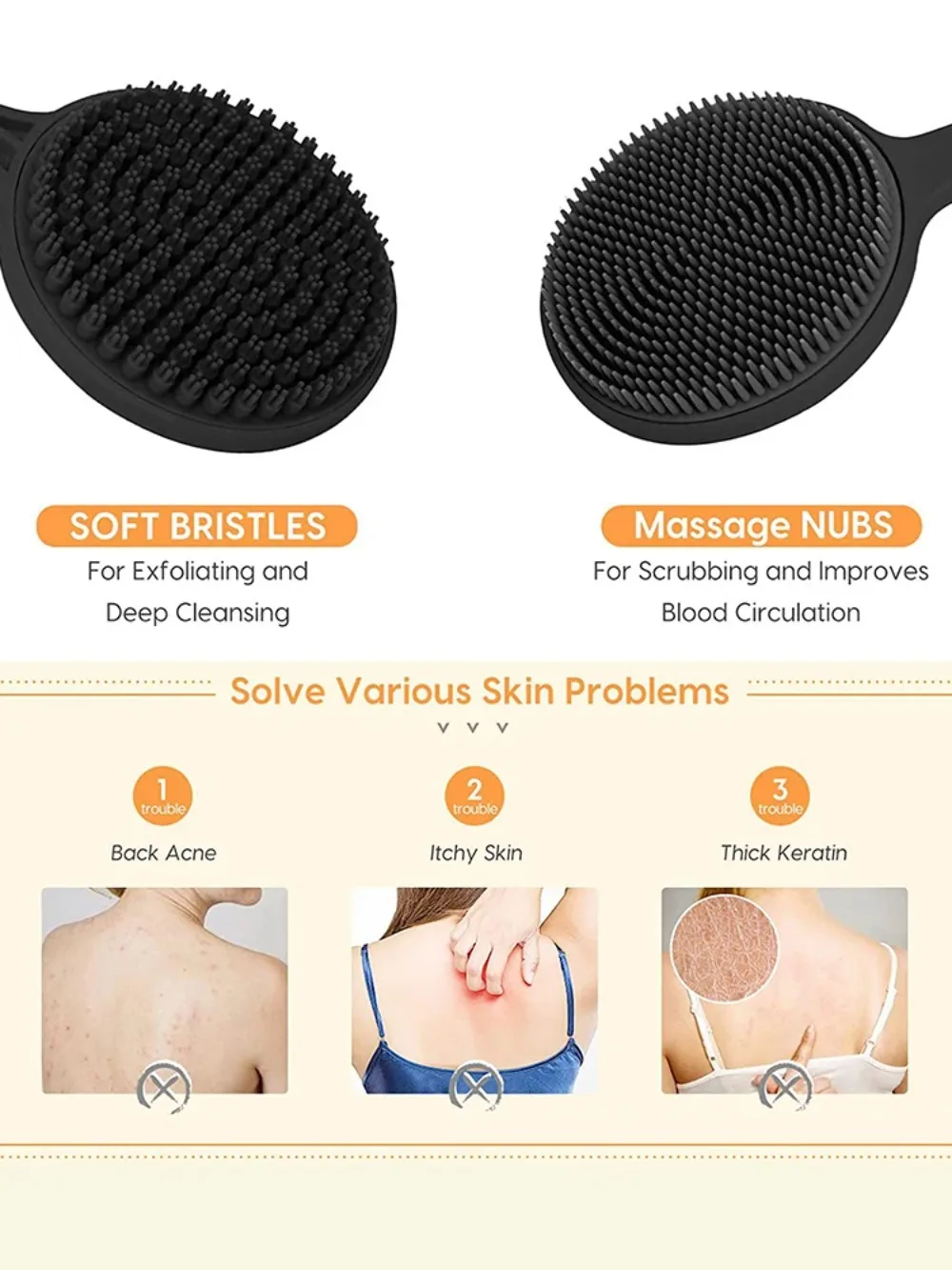 Double-Sided Silicone Back Scrubber Long Handle Long Handle Body Bath Brush Mud Back Scrubber Shower Massage Exfoliation Brush