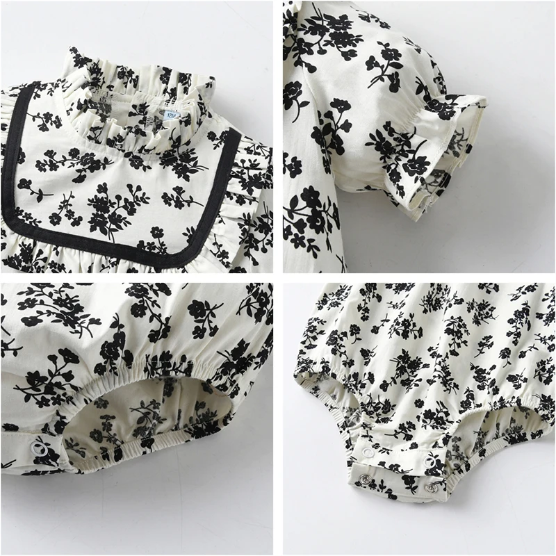 Shabbos Bruder Schwester Passende Kleidung Mädchen Schwarz Flora Baumwollkleid Baby Kurzarm Strampler Rüschenkragen Jungen Shorts – Detail 10