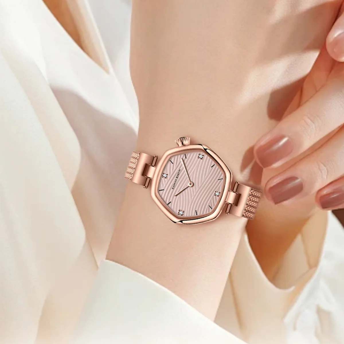 Hannah Martin Top Brand Women Stainless Steel Mesh With White Rose Gold Clock Original Japanese Quartz Movement Luxury Watches 3