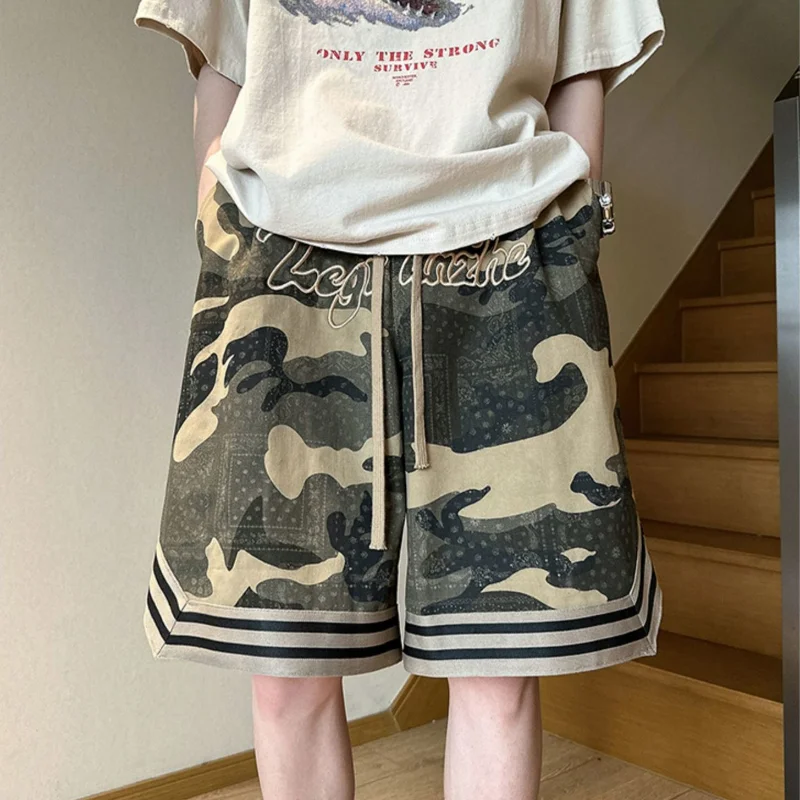 Embroidered Camouflage Trendy Hip-hop Casual Shorts for Men's Summer Loose Fitting Men's Capris Drawstring Short for Men
