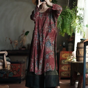 Women Casual Cotton Dress New Arrival 2025 Spring Vintage Style O-neck Floral Print Loose Comfortable Female Long Dresses M1080 1