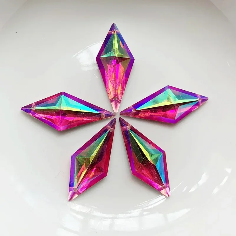 다이아몬드 크리스탈 보석 12x28mm 2 구멍 AB 플랫 백 라인 석 수지 크리스탈 아플리케 마름모 멋진 Strass Stones 드레스 공예-E61
