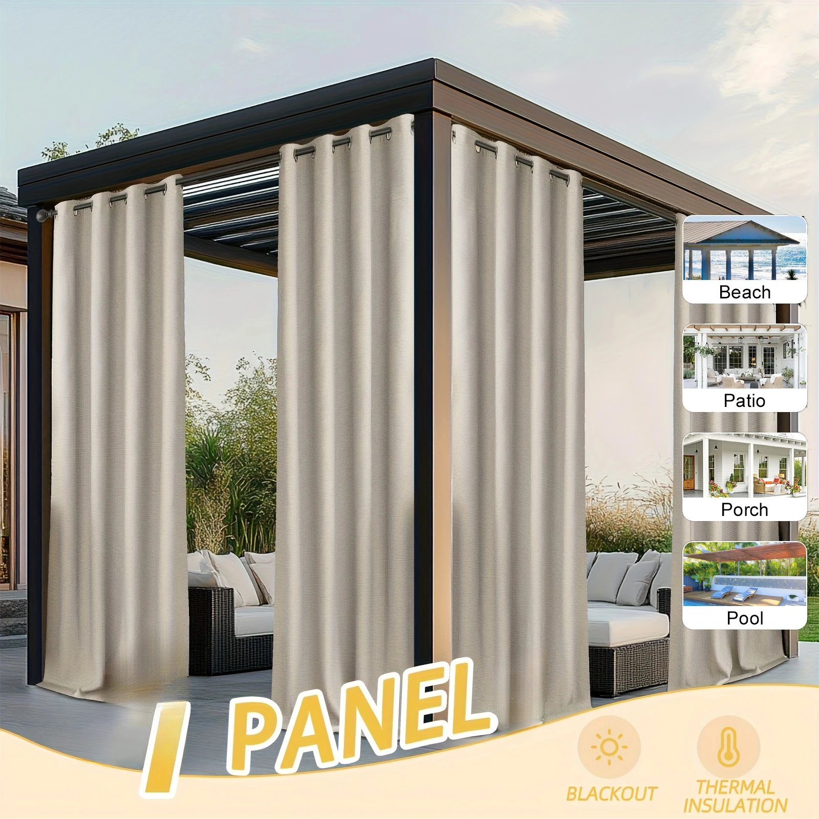 1pc Waterproof and Sunproof Outdoor Curtains for Gazebo, Patio and Deck, Blackou