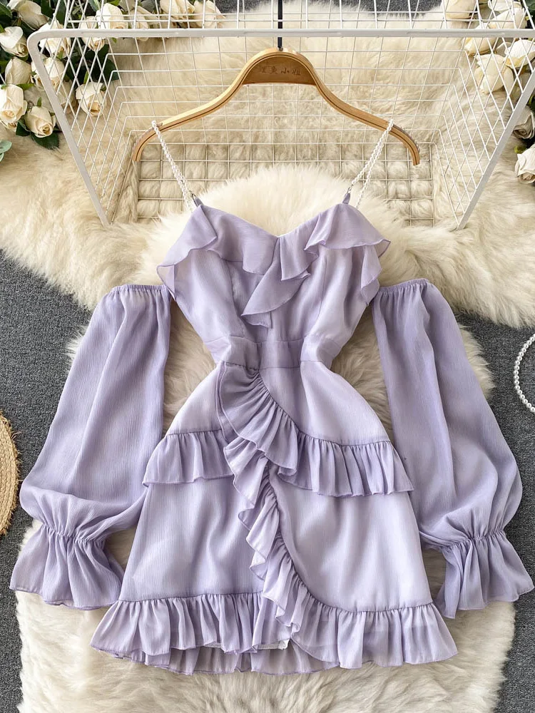 

French Women Spring Ins Sexy Purple Ruffled Sweet Long Sleeve Party Age-reducing High Waist Irregular Dress Vestidos Female