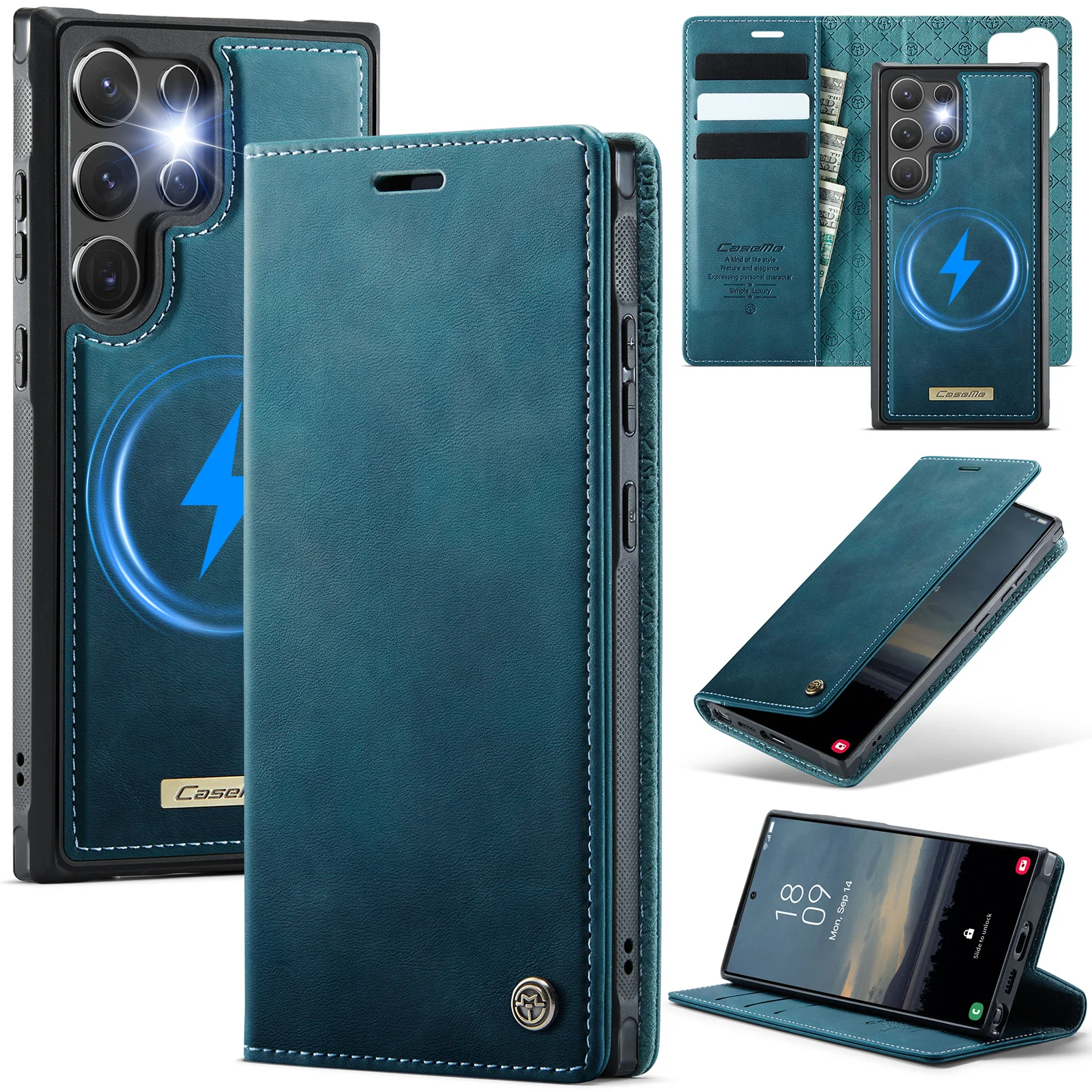 Wireless Charging Leather Wallet Phone Case with Magnetic Flip Cover