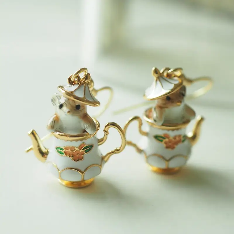 Unique Chipmunk Teacup Earrings Creative Design Exquisite Luxury Enamel Earrings Gifts Women Statement Jewelry  Cute Cat Earring