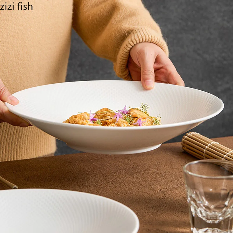 Pure White Ceramic Vegetable Salad Plate Round Deep Plate Thick Soup Pasta Fruit Plates Restaurant Specialty Tableware