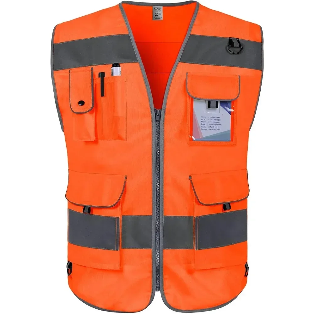 Orange Men's Safety Vest 9 Pockets High Visibility Reflective Vest with Reflective Strips Large Chalecos De Seguridad