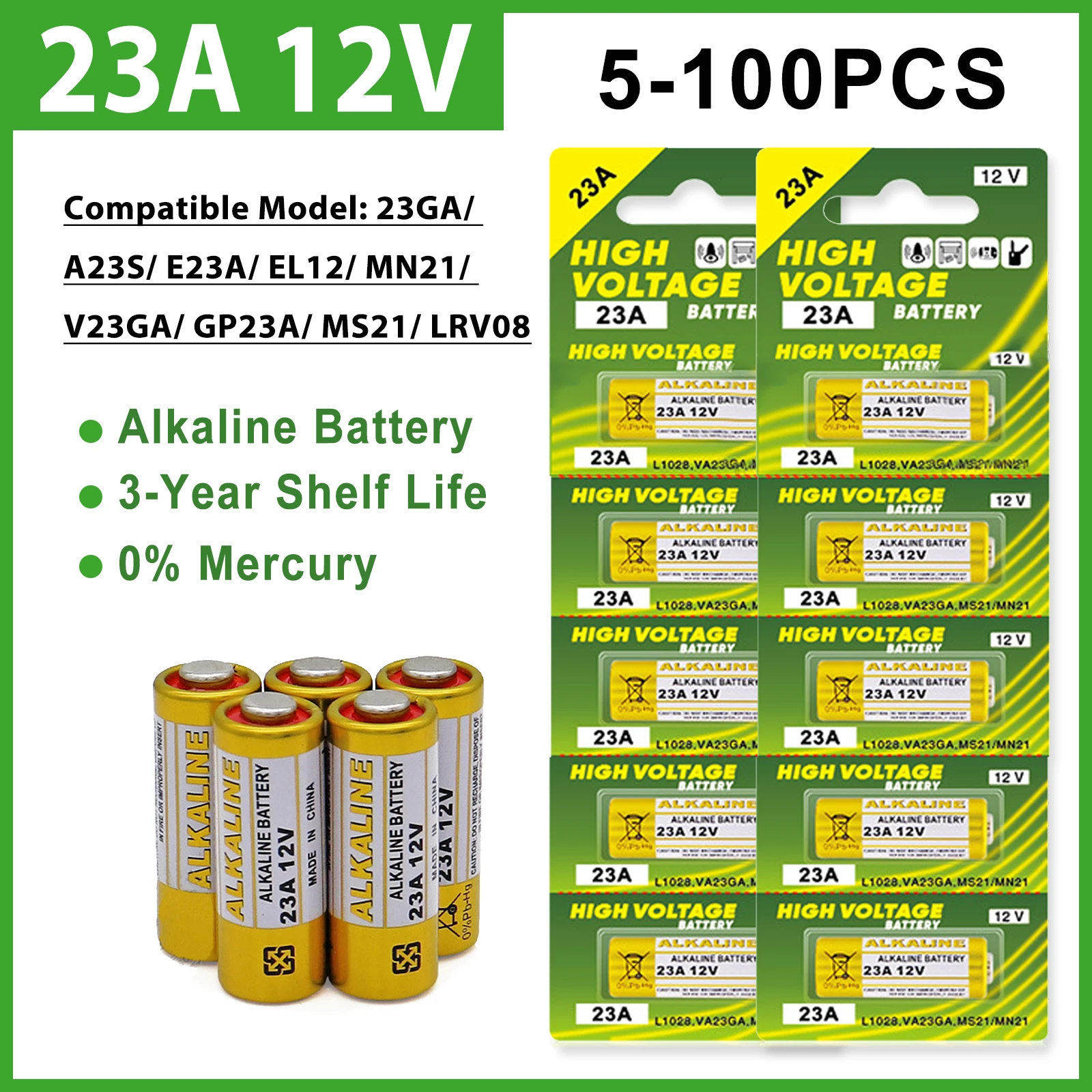 12v R23a 23A A23 High Capacity 12V Alkaline Battery 23GA A23S E23A EL12 MN21 ...