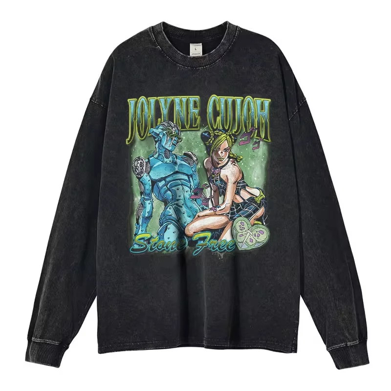 Anime JoJo Sweater Vintage Washed Dio Jotaro Jolyne Giovanna Long Sleeve T Shirts JoJos Bizarre Adventure Sweatshirts Tops Tees
