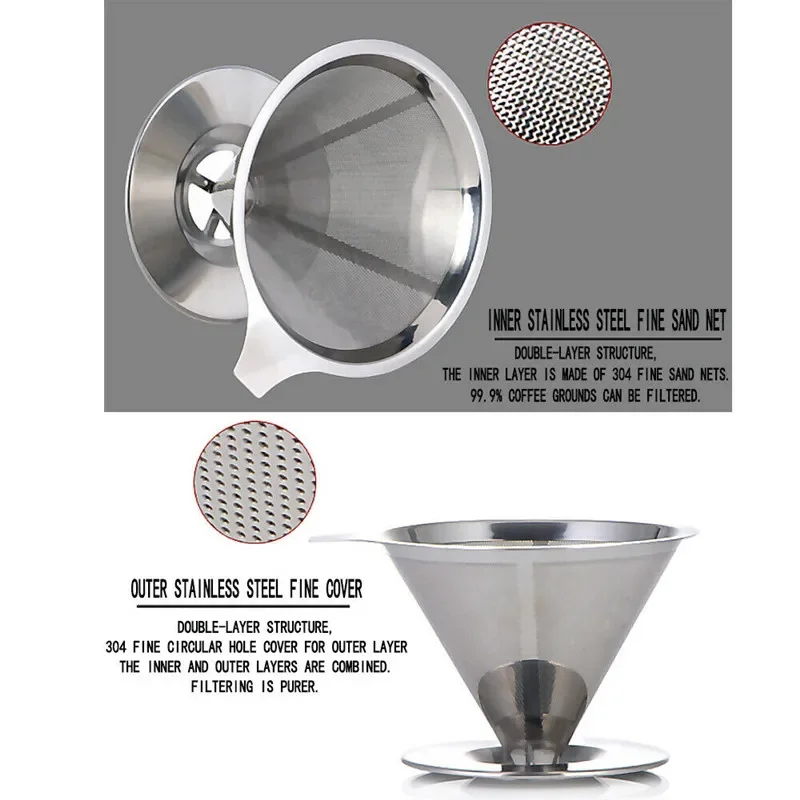 Description Picture 6 of itemReusable Coffee Filter Tea Strainer Stainless Steel Cone Coffee Filter Baskets Mesh Strainer Coffee Dripper with Stand Holder