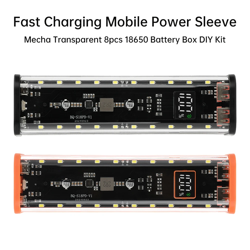 8*18650 Diy Battery Box Transparent Shell 22.5W Fast Charging Digital Display Outdoor Power Bank Case With 20 LED Beads