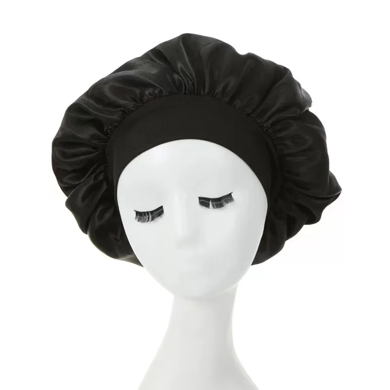 

Elastic wide-brimmed nightcap simulation silk satin round cap African Baotou cap beauty makeup turban cap.