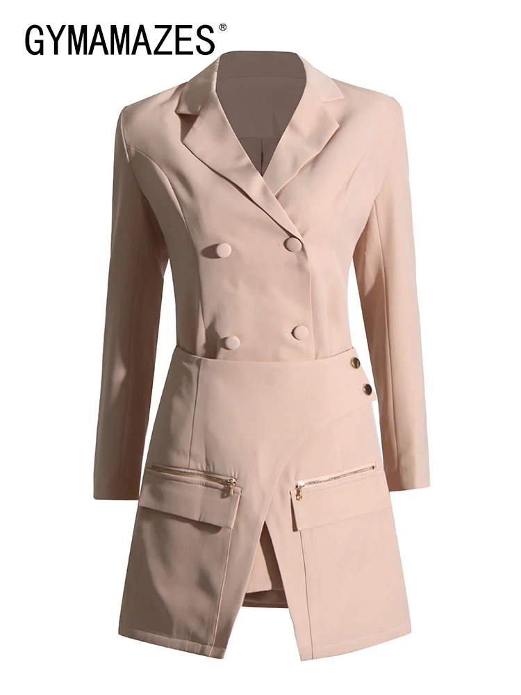 

GYMAMAZES Solid Two Piece Sets For Women Tailored Collar Long Sleeve Blazer High Waist Spliced Zipper Skirt Casual Set Female