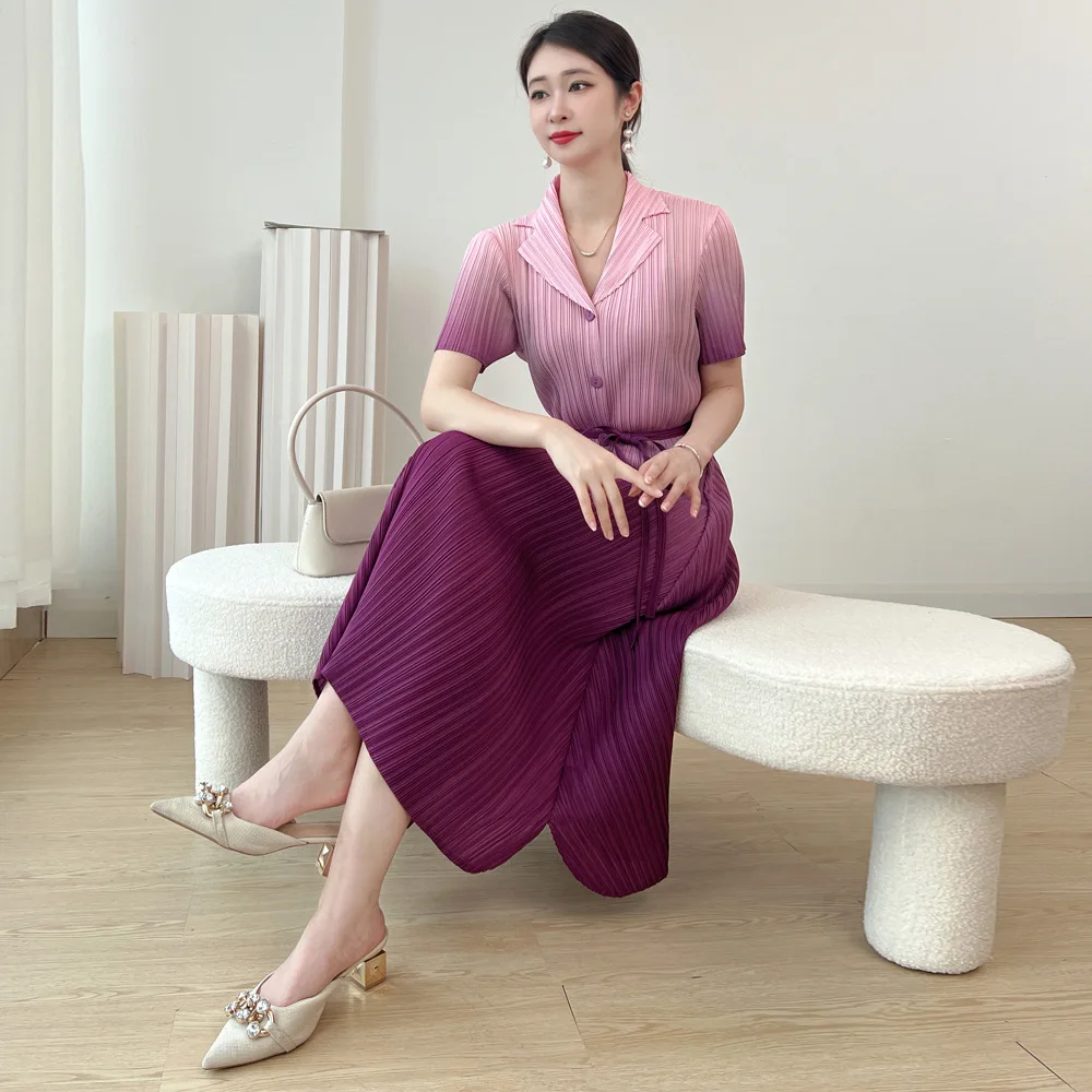 

Miyake Pleated Slim Fit Mid Length Dress with Waist Tie Up Design Gradual Color Breasted A-line Dress Maxi Dresses for Women
