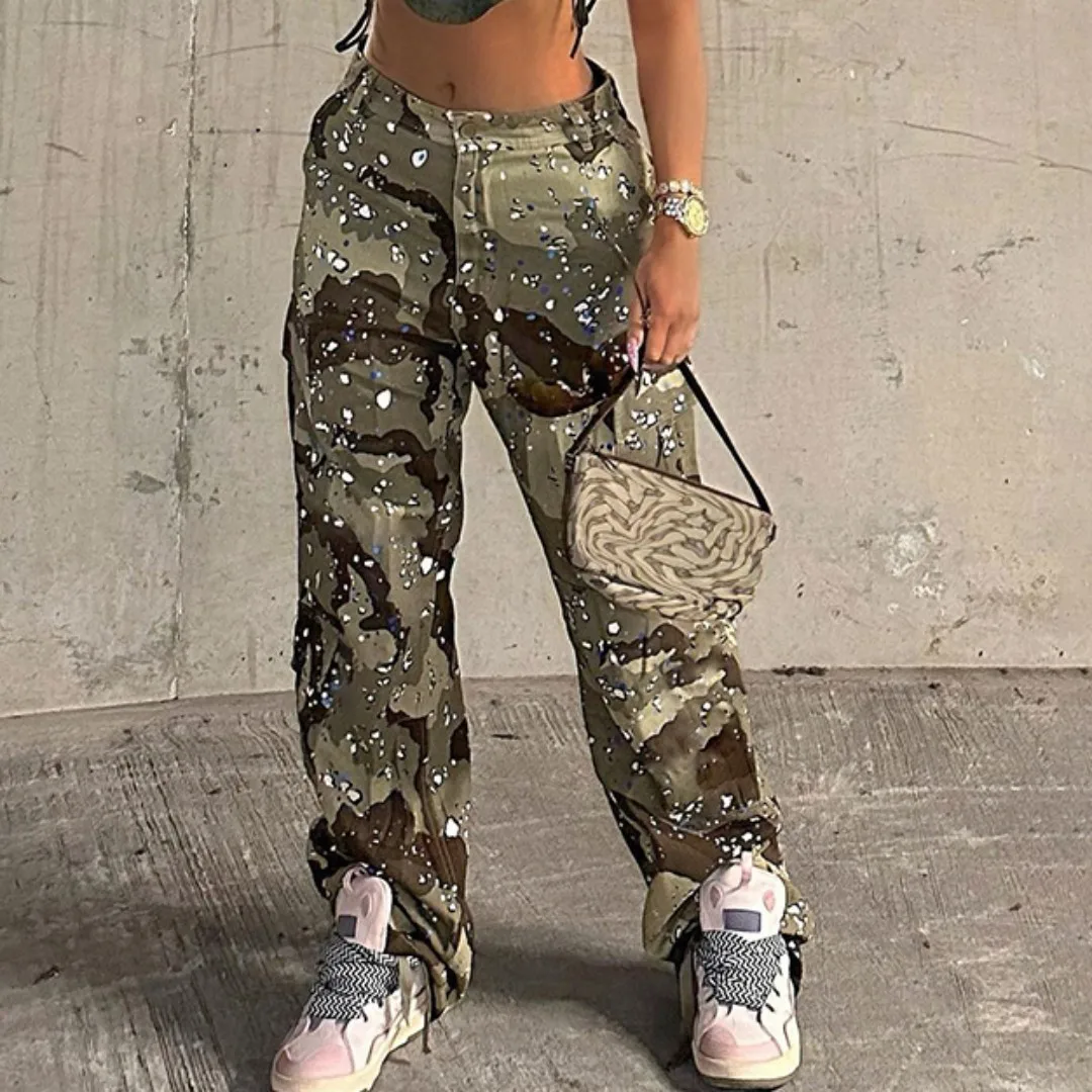 

Camo Flare Cargo Pants For Women High Waist Big Size Camouflage Print Baggy Techwear Patchwork Pocket Summer Streetwear Trousers