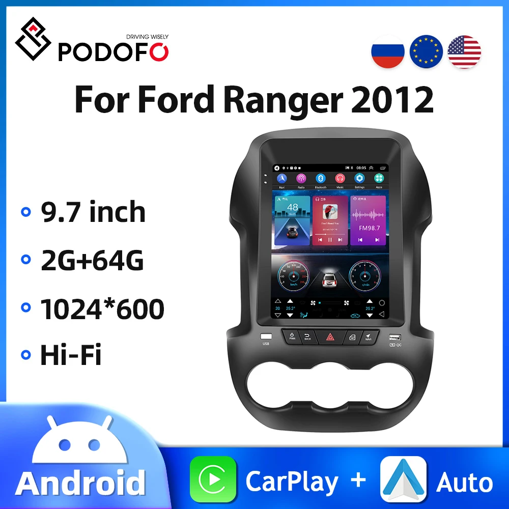 

Автомагнитола Podofo для Ford Ranger 9,7, мультимедийный видеоплеер на Android 2012 с GPS, Wi-Fi, 2DIN, 64 ГБ