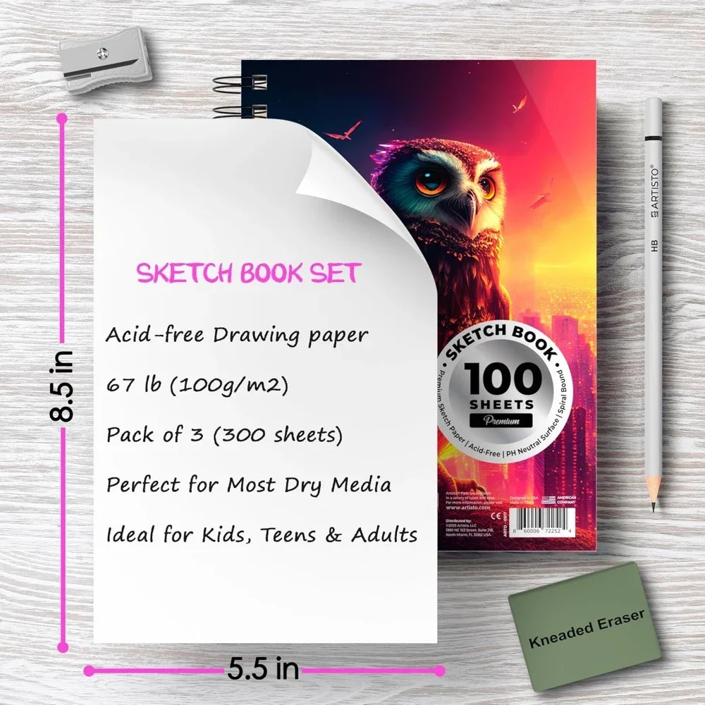 5.5X8.5" PREMIUM SKETCHBOOK SET, 3 PACK (300 SHEETS), 68 LB (100 g/m²), Spiral Binding 3