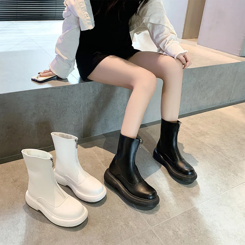 

Brand Design Thicksoled Motorcycle Boots Female Round Head Punk Boots Front Zipper Thin Thin Boots Thick Fashion Botas Mujer