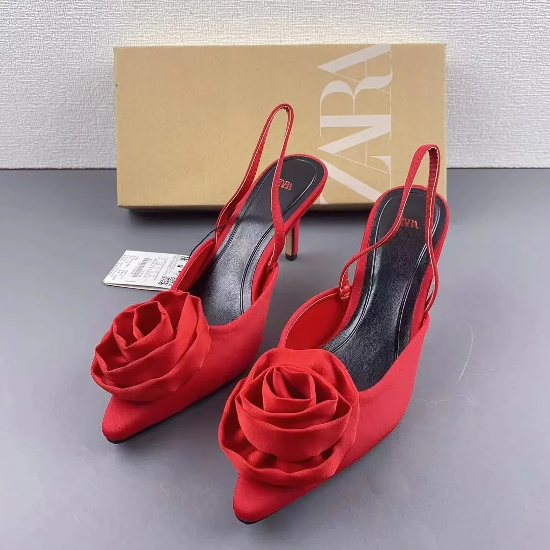 

New 2023 Summer Shallow Mouth Pointed Fine Heel Sandals Female Red Rose Flowers Back Strap High Heels Female Tide