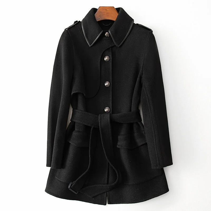 Sheep Wool 2023 Spring and Autumn New Double-Sided Woolen Coat Temperament Fashion in The Long Women's Coat Solid Color Commute