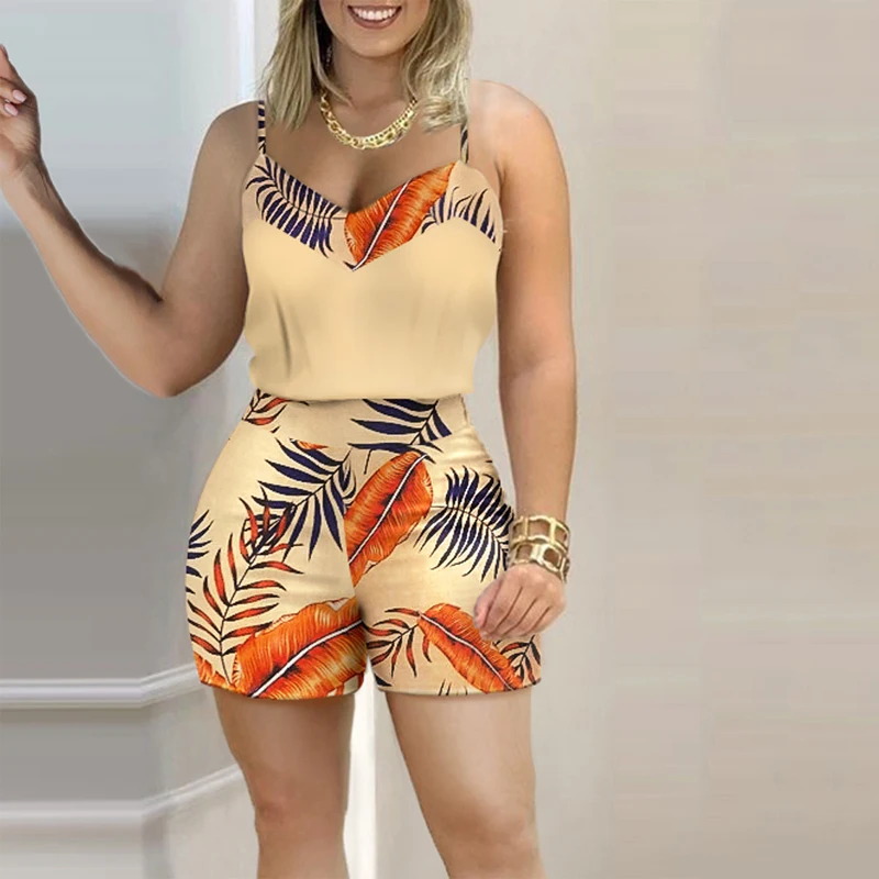

Женский модный повседневный комплект из двух предметов, комплект повседневной одежды, женский топ на бретелях-спагетти с принтом и шорты, комплект