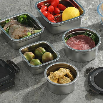Récipient alimentaire en acier inoxydable avec couvercle scellé, boîte de conservation fraîche, bac à légumes, préparation de repas au déjeuner, rangement pour réfrigérateur, ensemble de cuisine, bol rond et carré 1