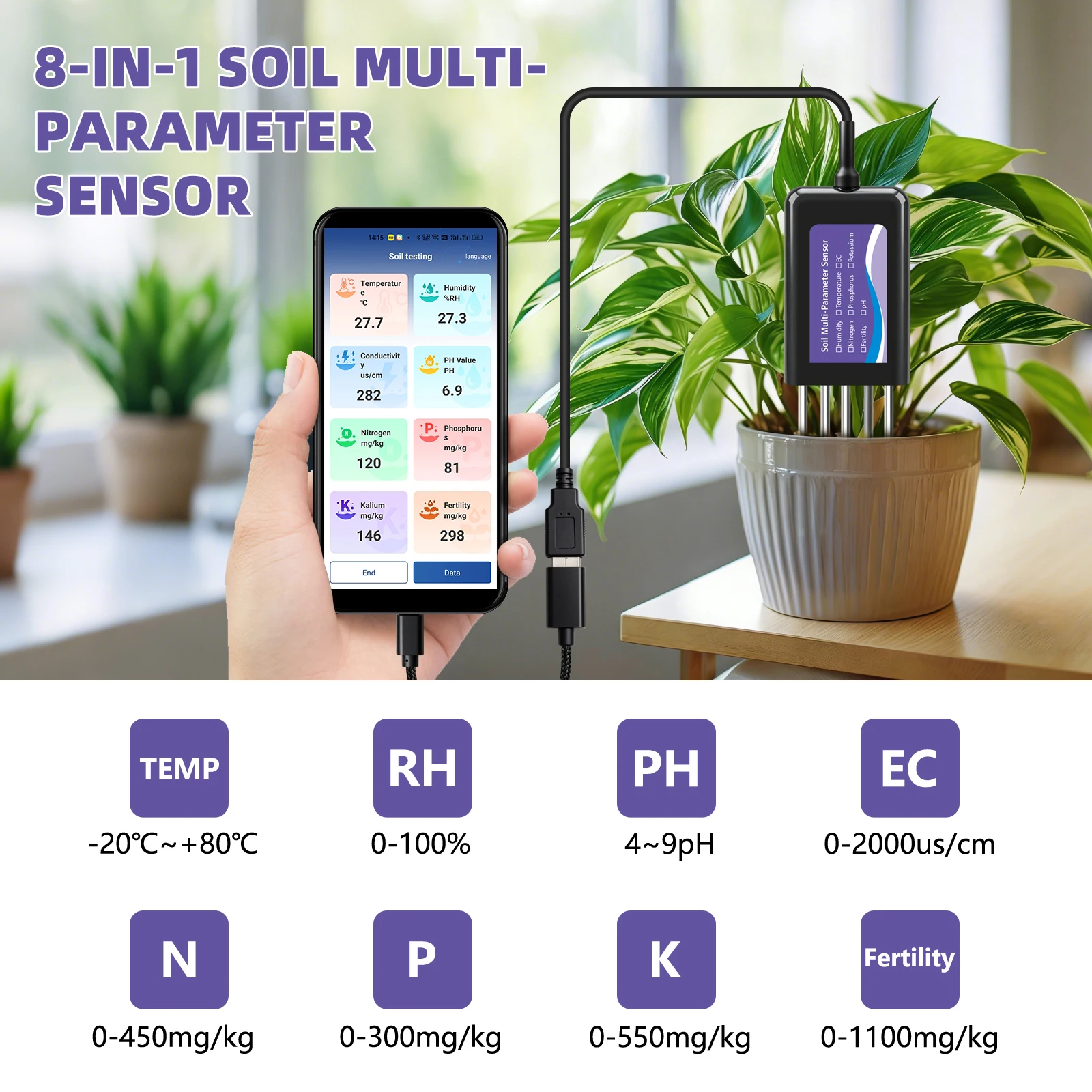 Yieryi 8-in-1 Smart Soil NPK pH EC Temp Moisture Sensor App Data Logger Tester Fertility Meter for Garden Agriculture Lawn IP68