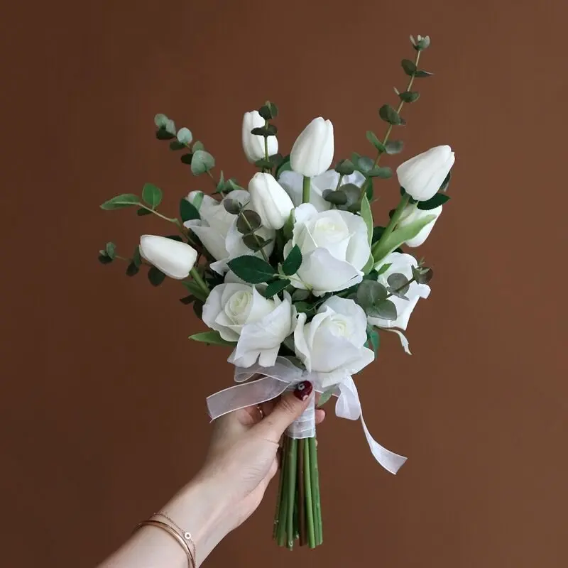 Lily of the Valley holding bouquet of lotus tulips French elegant bride wedding photography props home decoration