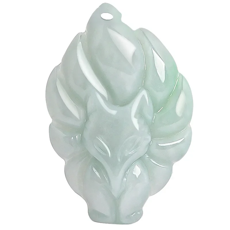 Natural A Cargo Emerald Light Green Nine -tailed Fox Pendant Fox Fairy Necklace Glutinous Jade Pendant Flower Pieces FemaleModel
