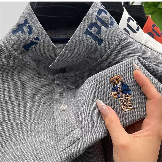Marque de luxe hommes Polo revers ours broderie impression à manches longues 100 coton T-Shirt automne affaires mode exquis vêtements pour hommes 1