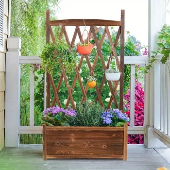 Rustic Wooden Raised Garden Bed Vegetable Planter Grid Box with Climbing Trellis 5