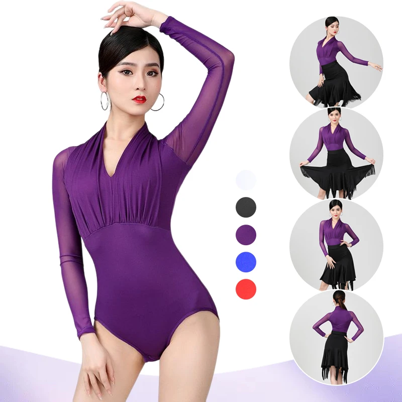 

Women Latin Dance Costume Adult Female Performance Sexy One-piece Tops Stage Performance Ballroom Samba Dancing Practice Skirt