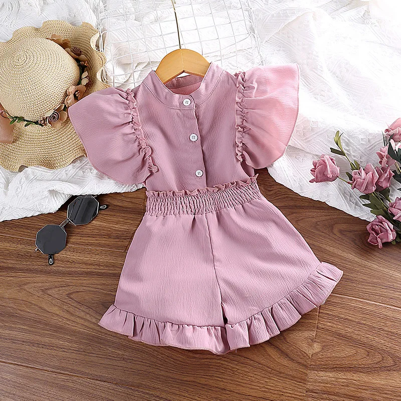 

2023 Summer New Children's Lace Sleeve Pink Single breasted Top+Elastic Waist Shorts Girls' Set