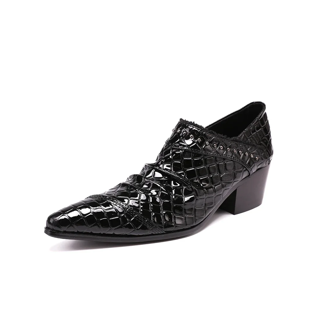 Classic Black Lacquer Leather Men Mid Heel Oxfords Shoes Party Prom Business Formal Shoes Plus Size Slip on Wedding Dress