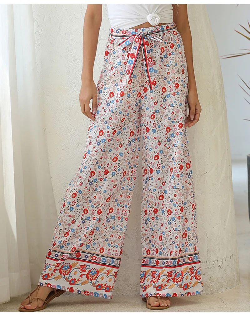 high waisted jeans Casual Bandage Pants Office Lady Trousers 2022 European and American Women's Summer Loose Pants Printed Wide Leg Pants 19544 dress pants