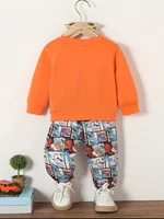 Spring And Autumn Cartoon Dinosaur Print Orange Long Sleeve Full Print Pants Fabric Soft Suitable For Outdoor And Base Wear Suit 2